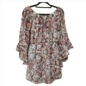 Mint of blush floral ruffle bell sleeve rounded hem off shoulder dress